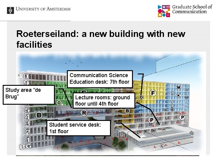 Roeterseiland: a new building with new facilities Communication Science Education desk: 7 th floor