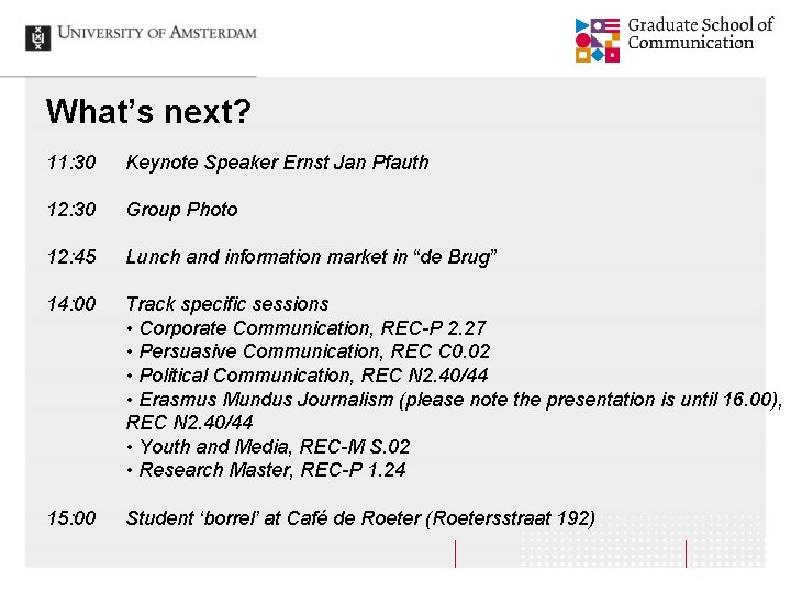 What’s next? 11: 30 Keynote Speaker Ernst Jan Pfauth 12: 30 Group Photo 12:
