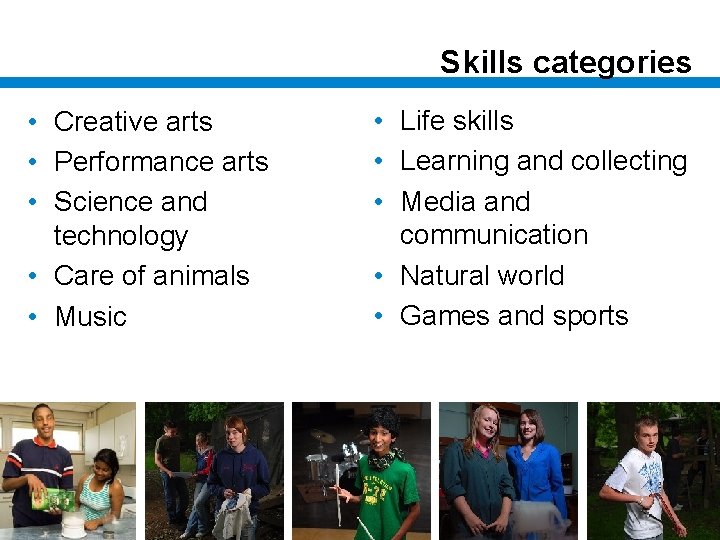 Skills categories • Creative arts • Performance arts • Science and technology • Care