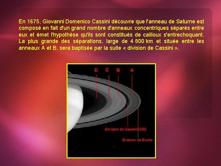 En 1675, Giovanni Domenico Cassini découvre que l'anneau de Saturne est composé en fait