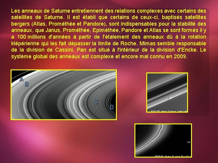 Les anneaux de Saturne entretiennent des relations complexes avec certains des satellites de Saturne.