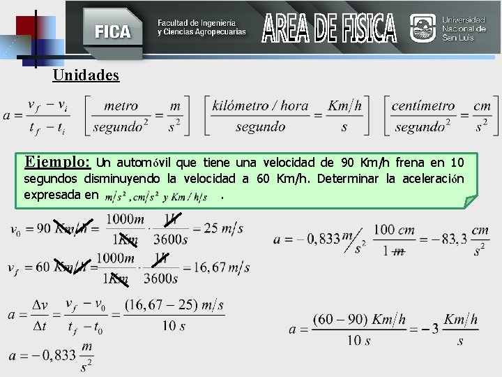 Unidades Ejemplo: Un automóvil que tiene una velocidad de 90 Km/h frena en 10