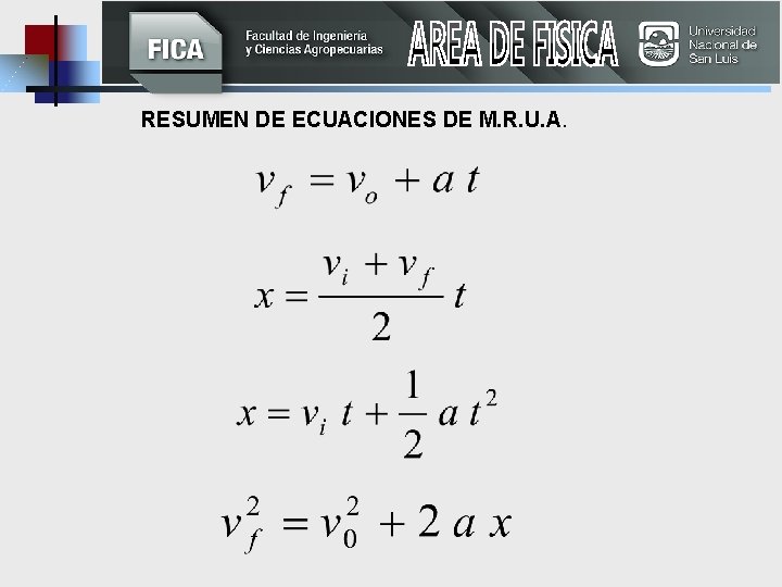 RESUMEN DE ECUACIONES DE M. R. U. A. 