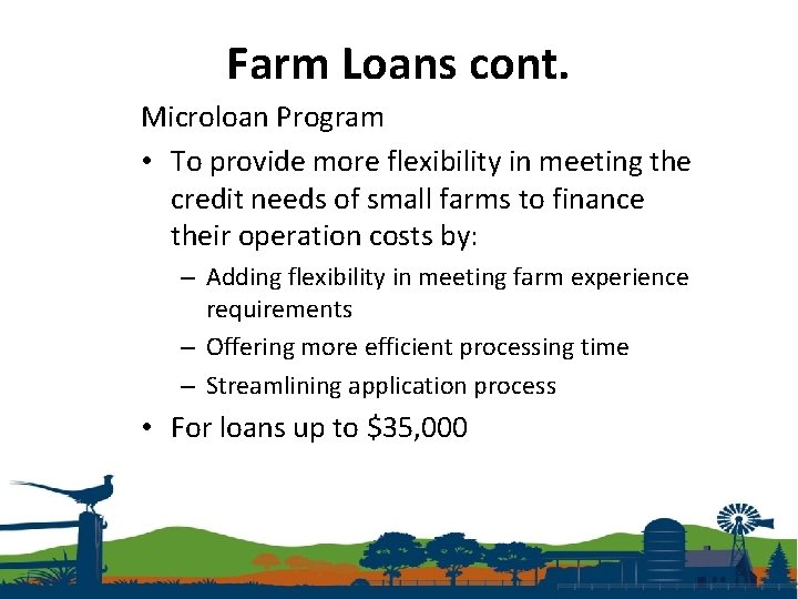 Farm Loans cont. Microloan Program • To provide more flexibility in meeting the credit