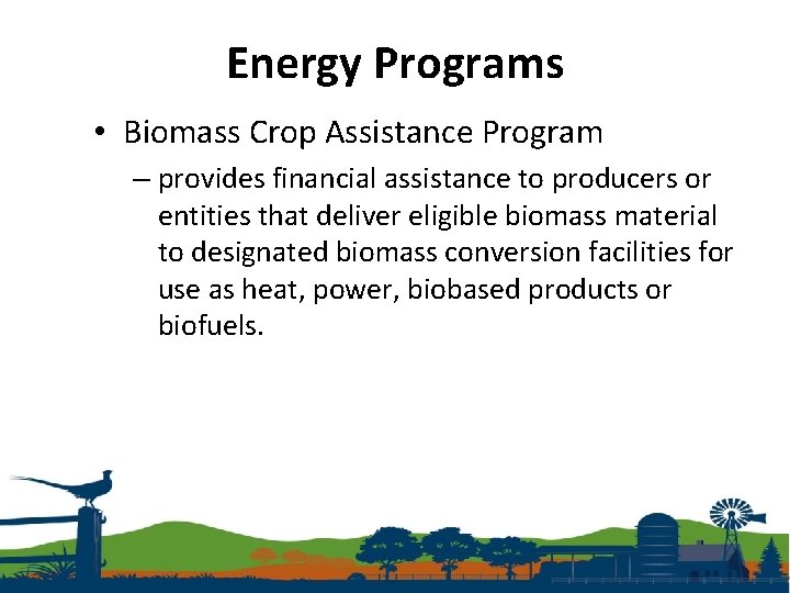 Energy Programs • Biomass Crop Assistance Program – provides financial assistance to producers or