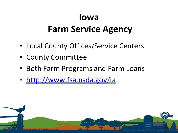 Iowa Farm Service Agency • • Local County Offices/Service Centers County Committee Both Farm