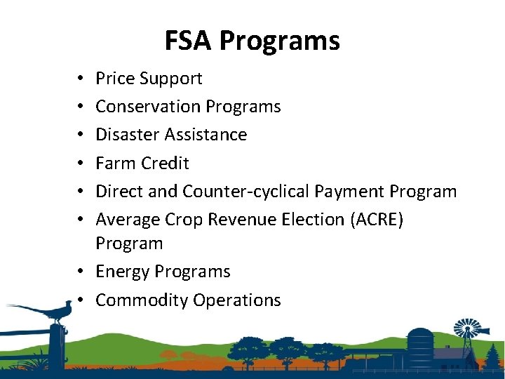 FSA Programs Price Support Conservation Programs Disaster Assistance Farm Credit Direct and Counter-cyclical Payment