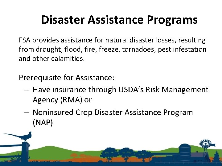 Disaster Assistance Programs FSA provides assistance for natural disaster losses, resulting from drought, flood,