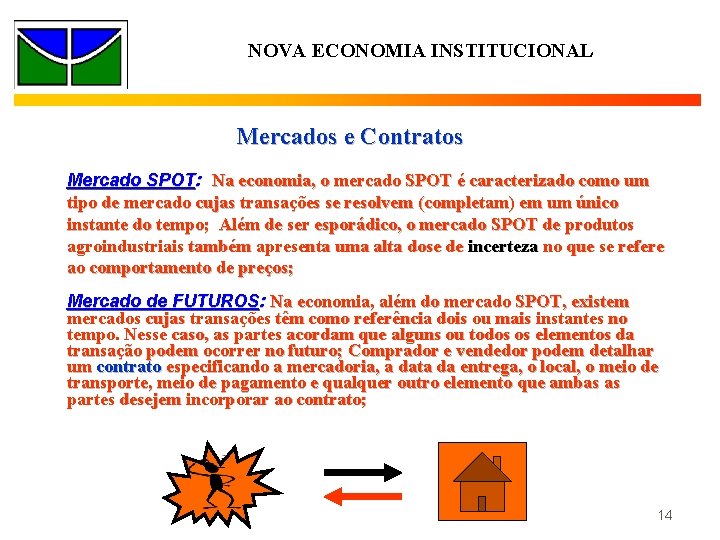 NOVA ECONOMIA INSTITUCIONAL Mercados e Contratos Mercado SPOT: Na economia, o mercado SPOT é