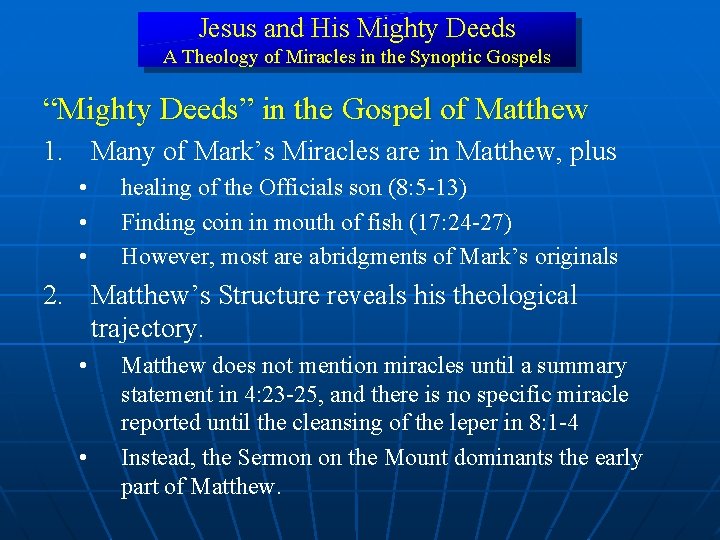 Jesus and His Mighty Deeds A Theology of Miracles in the Synoptic Gospels “Mighty