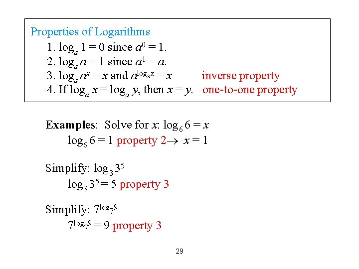 Properties of Logarithms 1. loga 1 = 0 since a 0 = 1. 2.