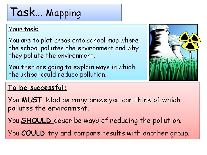 Task… Mapping Your task: You are to plot areas onto school map where the