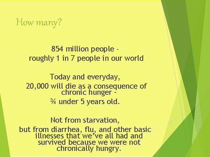 How many? 854 million people roughly 1 in 7 people in our world Today