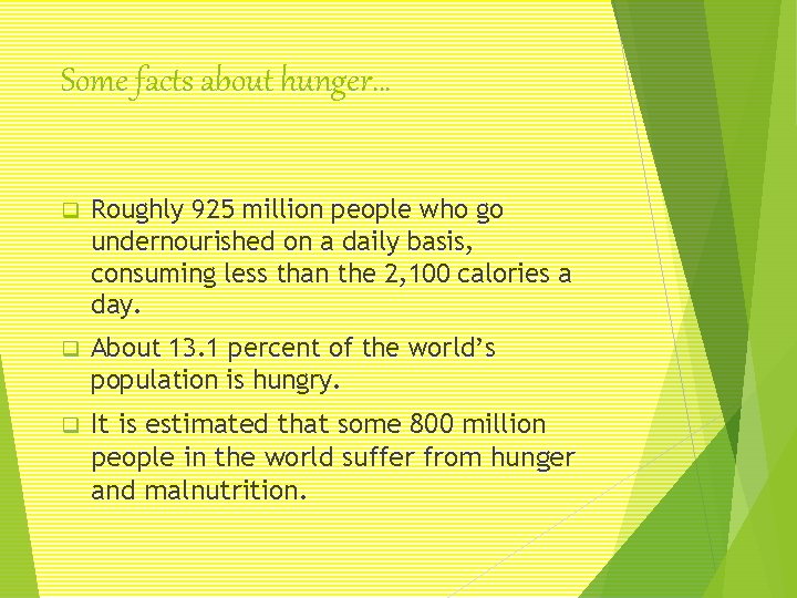 Some facts about hunger… q Roughly 925 million people who go undernourished on a