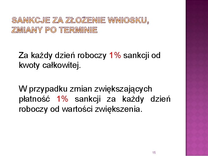 Za każdy dzień roboczy 1% sankcji od kwoty całkowitej. W przypadku zmian zwiększających płatność