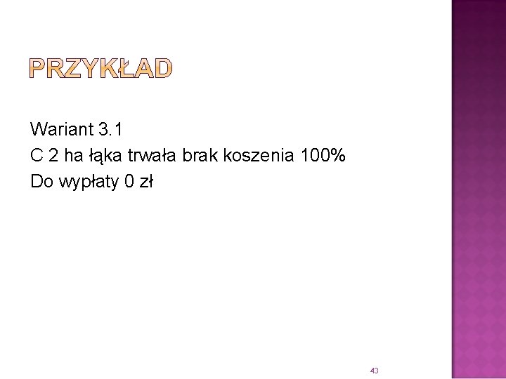 Wariant 3. 1 C 2 ha łąka trwała brak koszenia 100% Do wypłaty 0