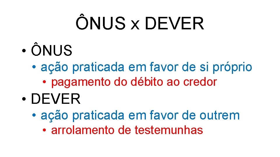 ÔNUS x DEVER • ÔNUS • ação praticada em favor de si próprio •