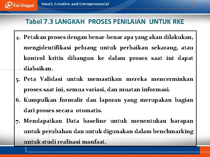 Tabel 7. 3 LANGKAH PROSES PENILAIAN UNTUK RKE 4. Petakan proses dengan benar-benar apa