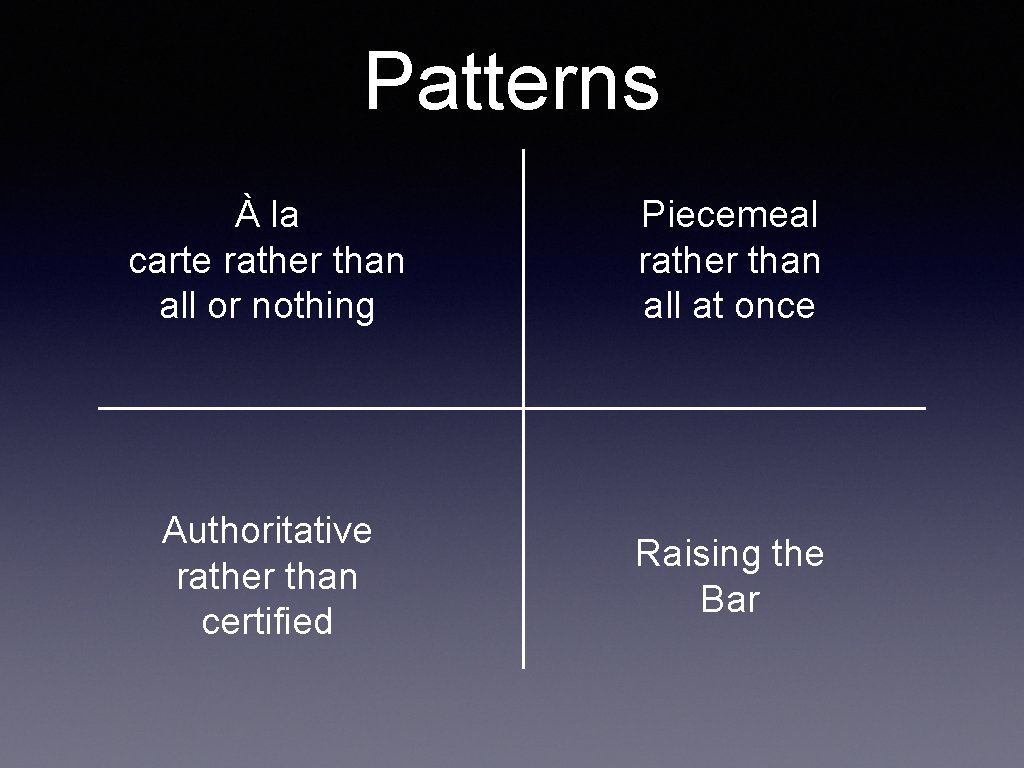 Patterns À la carte rather than all or nothing Piecemeal rather than all at