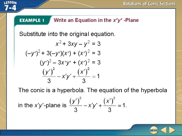 Write an Equation in the x y -Plane Substitute into the original equation. x