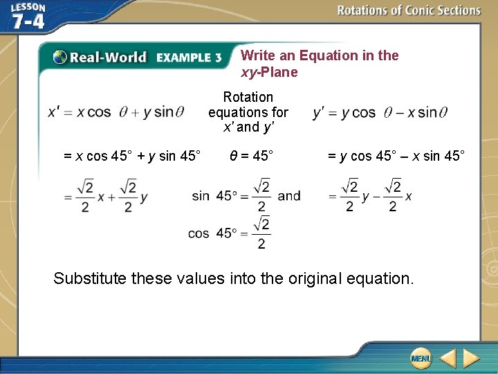 Write an Equation in the xy-Plane Rotation equations for x′ and y′ = x
