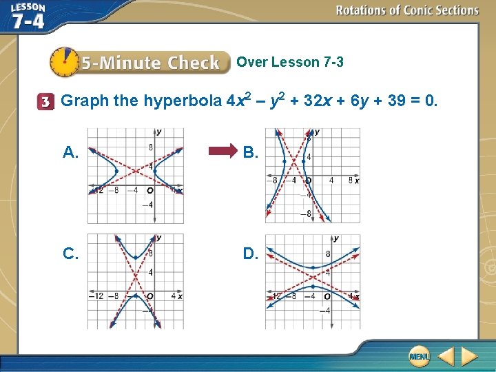 Over Lesson 7 -3 Graph the hyperbola 4 x 2 – y 2 +