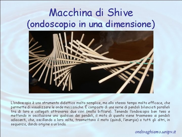 Macchina di Shive (ondoscopio in una dimensione) L’ondoscopio è uno strumento didattico molto semplice,