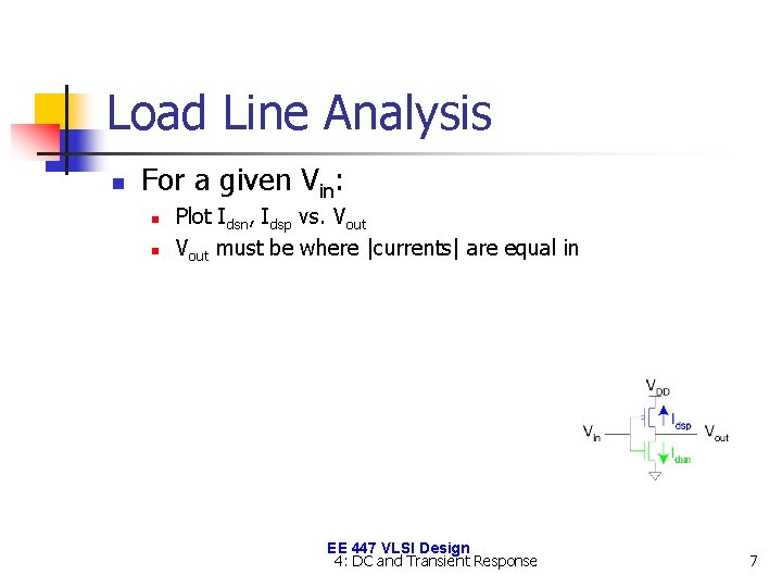 Load Line Analysis n For a given Vin: n n Plot Idsn, Idsp vs.