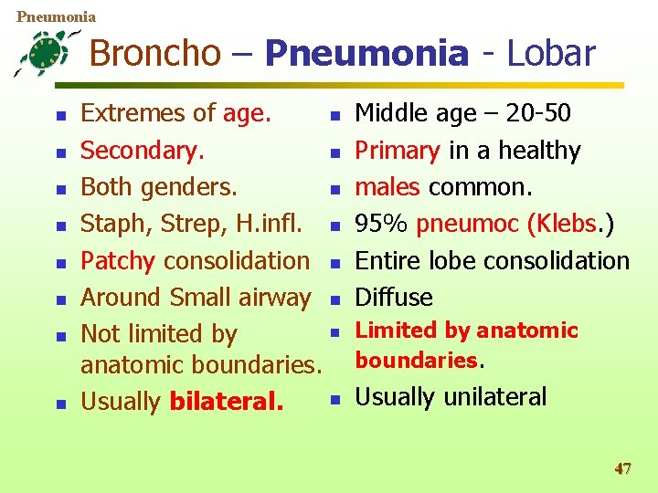 Pneumonia Broncho – Pneumonia - Lobar n n n n Extremes of age. n