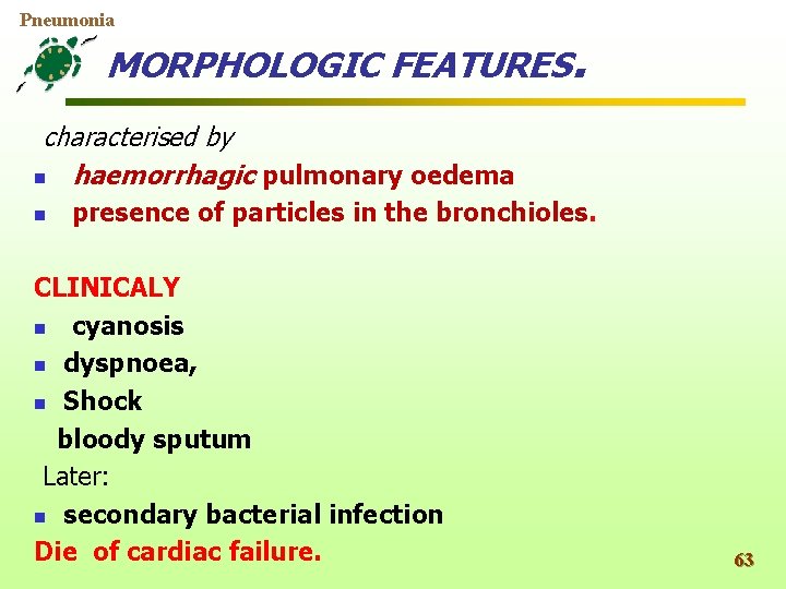 Pneumonia MORPHOLOGIC FEATURES. characterised by n haemorrhagic pulmonary oedema n presence of particles in