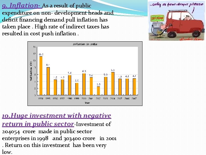 9. Inflation- As a result of public expenditure on non- development heads and deficit