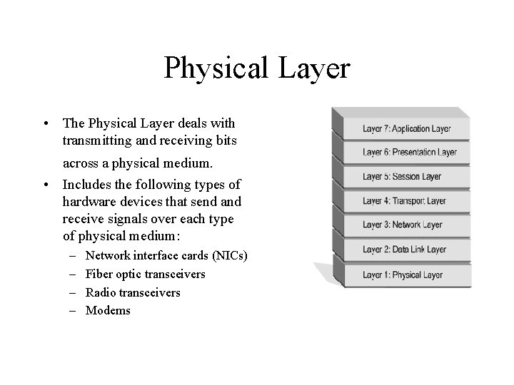 Physical Layer • The Physical Layer deals with transmitting and receiving bits across a