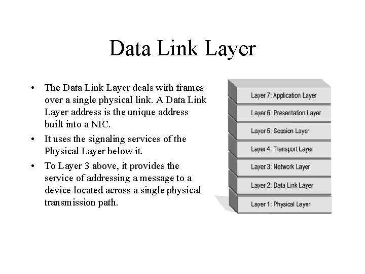 Data Link Layer • The Data Link Layer deals with frames over a single