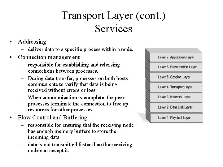 Transport Layer (cont. ) Services • Addressing – deliver data to a specific process