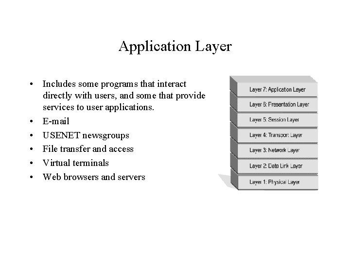 Application Layer • Includes some programs that interact directly with users, and some that