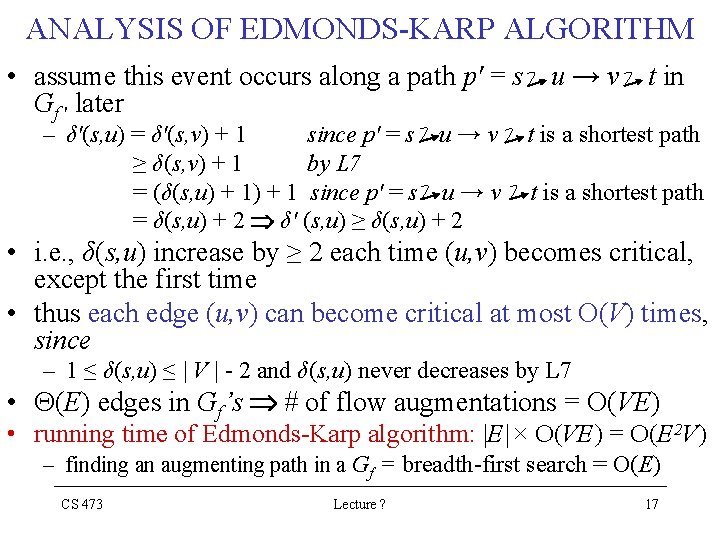 ANALYSIS OF EDMONDS-KARP ALGORITHM • assume this event occurs along a path p' =