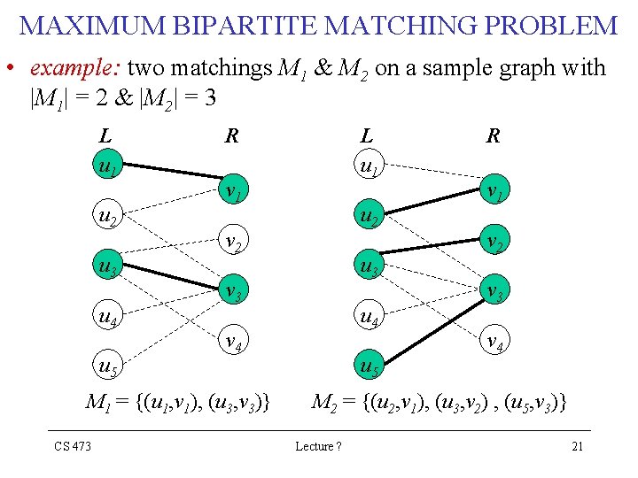 MAXIMUM BIPARTITE MATCHING PROBLEM • example: two matchings M 1 & M 2 on