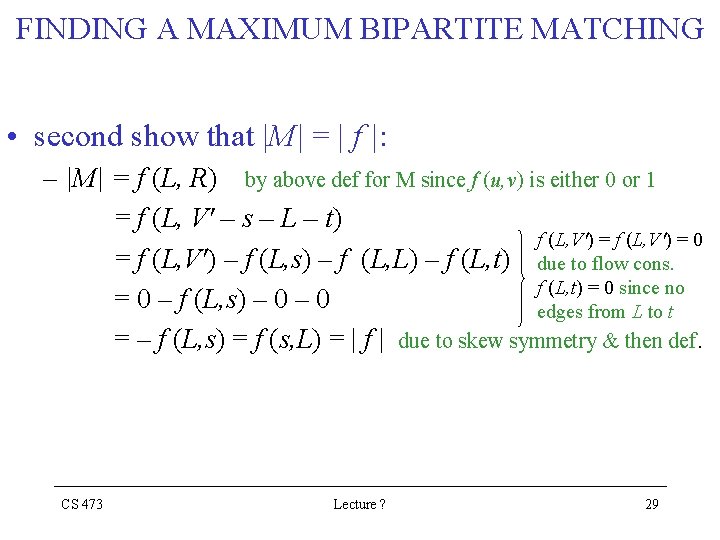 FINDING A MAXIMUM BIPARTITE MATCHING • second show that |M| = | f |: