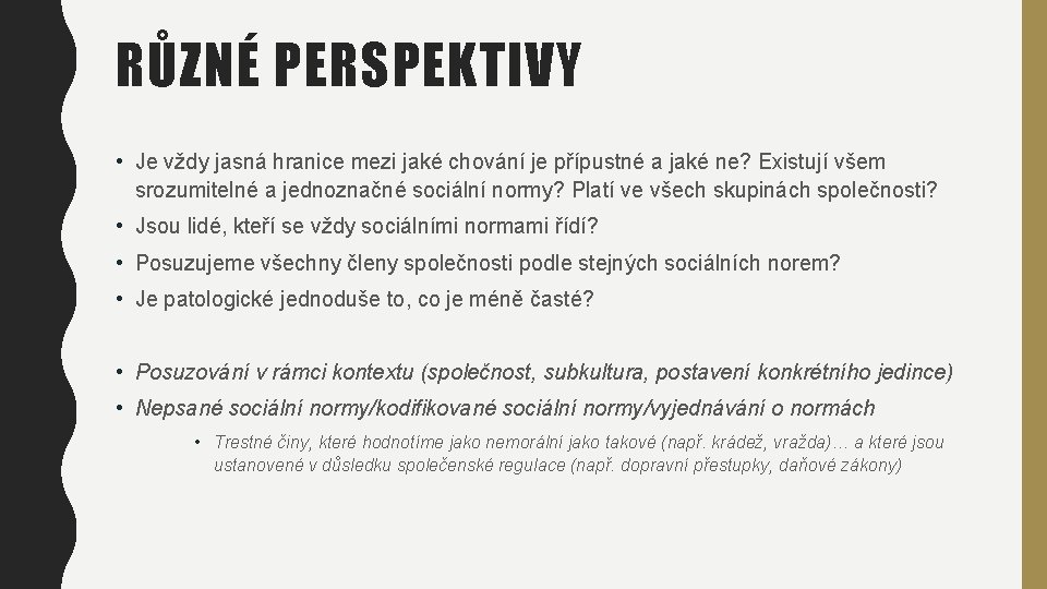 RŮZNÉ PERSPEKTIVY • Je vždy jasná hranice mezi jaké chování je přípustné a jaké