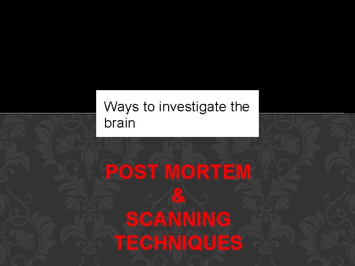 Ways to investigate the brain Methodology POST MORTEM & SCANNING TECHNIQUES PET and MRI