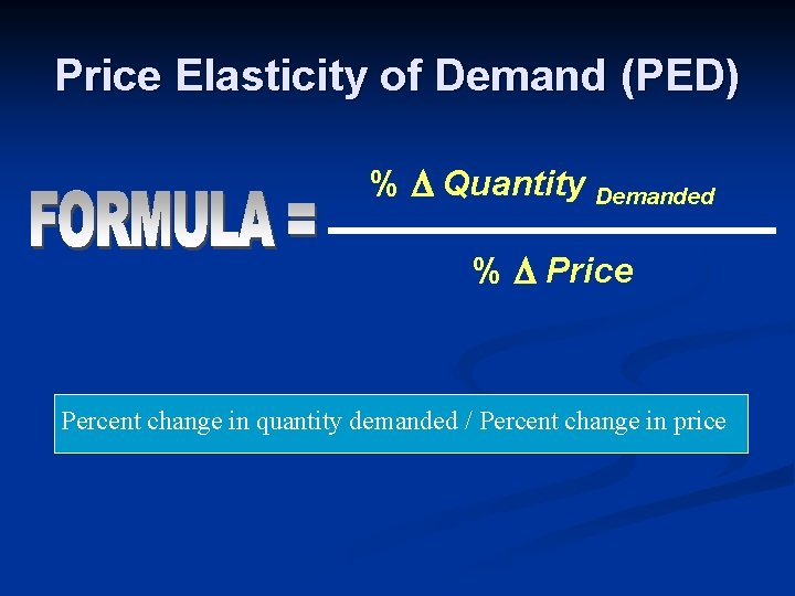 Price Elasticity of Demand (PED) % D Quantity Demanded % D Price Percent change