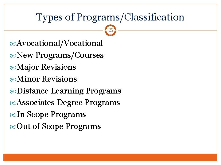 Types of Programs/Classification 29 Avocational/Vocational New Programs/Courses Major Revisions Minor Revisions Distance Learning Programs