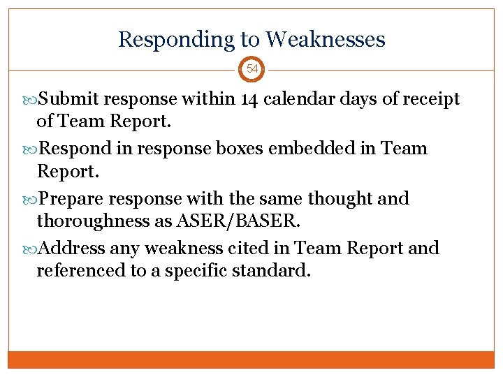 Responding to Weaknesses 54 Submit response within 14 calendar days of receipt of Team