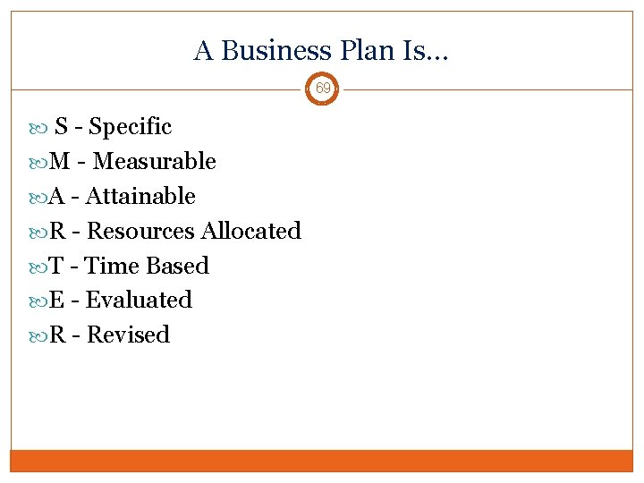 A Business Plan Is… 69 S - Specific M - Measurable A - Attainable