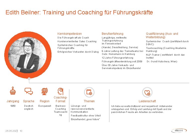 Edith Beilner: Training und Coaching für Führungskräfte Jahrgang Sprache Region 1960 Deutsch englisch Europaweit
