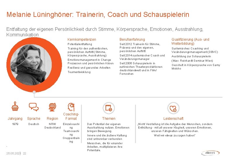 Melanie Lüninghöner: Trainerin, Coach und Schauspielerin Entfaltung der eigenen Persönlichkeit durch Stimme, Körpersprache, Emotionen,
