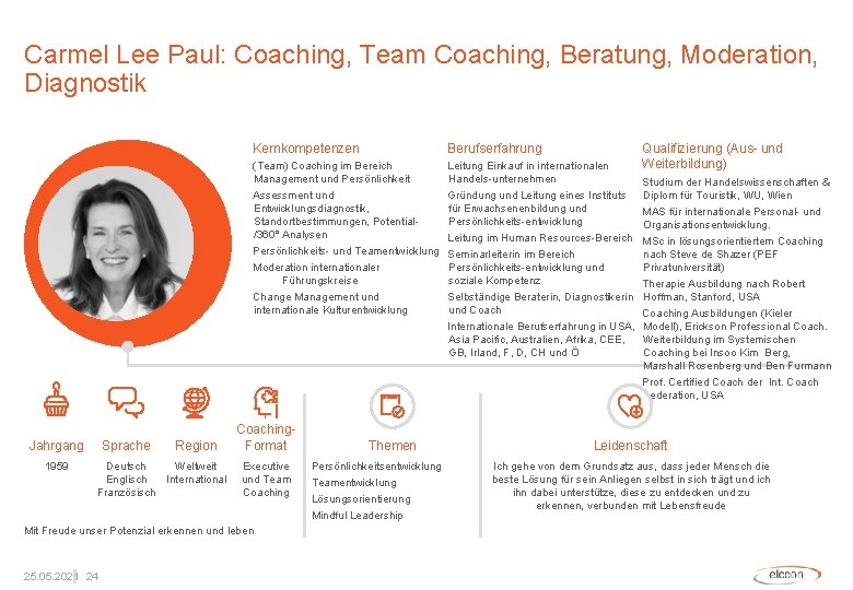 Carmel Lee Paul: Coaching, Team Coaching, Beratung, Moderation, Diagnostik Jahrgang 1959 Sprache Region Deutsch