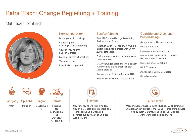 Petra Tisch: Change Begleitung + Training Mut haben lohnt sich Kernkompetenzen Berufserfahrung Managementworkshops Seit