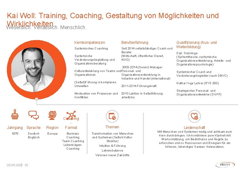 Kai Woll: Training, Coaching, Gestaltung von Möglichkeiten und Wirklichkeiten Wesentlich. Verlässlich. Menschlich. Kernkompetenzen Berufserfahrung