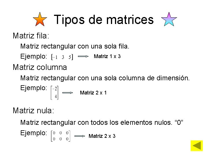 Tipos de matrices Matriz fila: Matriz rectangular con una sola fila. Matriz 1 x
